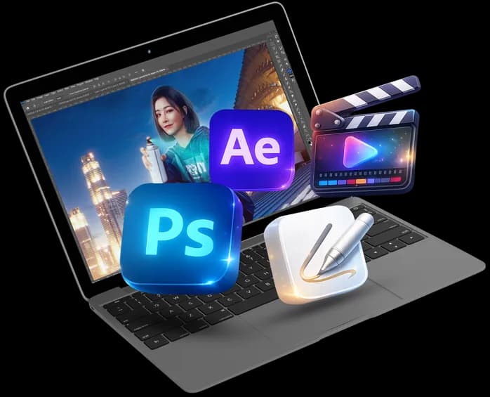 Notebook com Photoshop, After Effects e outros programas